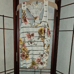 Floral Striped Racerback Tank Top - White with Pink & Mustard Flowers